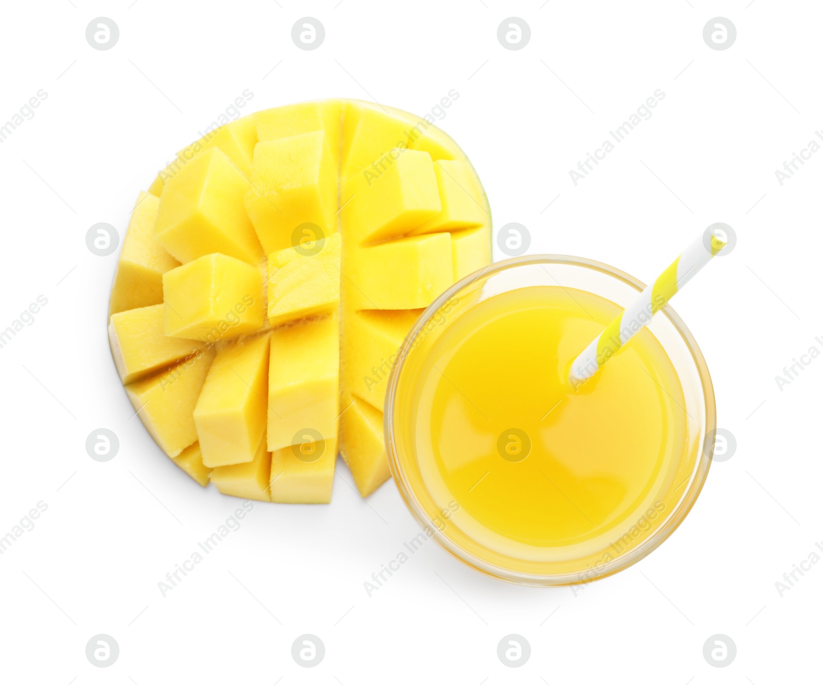 Tasty mango juice in glass and fresh fruit isolated on white, top view Photo of Tasty mango juice in glass and fresh fruit isolated on white, top view