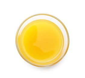 Photo of Tasty mango juice in glass isolated on white, top view
