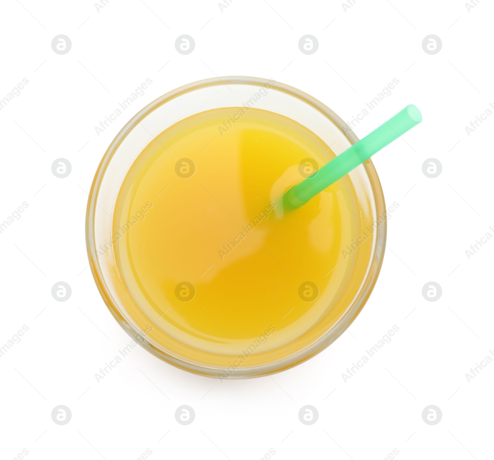 Tasty mango juice in glass isolated on white, top view Photo of Tasty mango juice in glass isolated on white, top view