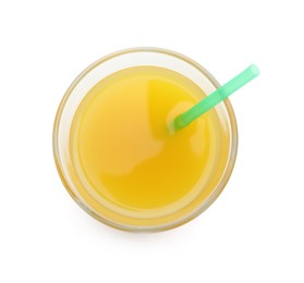 Photo of Tasty mango juice in glass isolated on white, top view