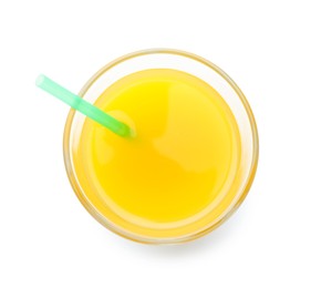 Photo of Tasty mango juice in glass isolated on white, top view