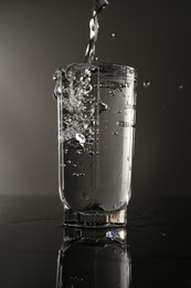 Photo of Fresh water splashing out of glass on mirror table against gray background