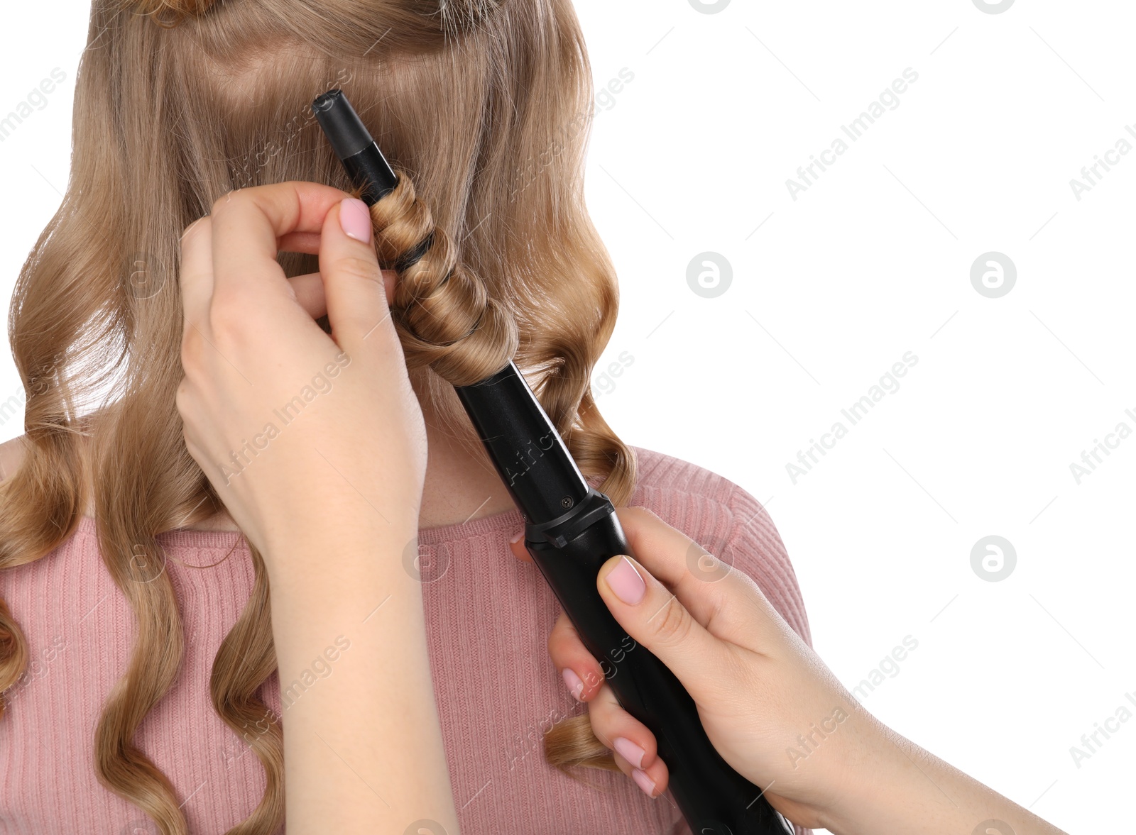 Photo of Hairdresser curling woman's hair on white background, back view
