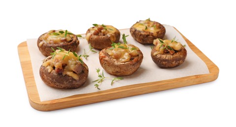 Photo of Delicious stuffed mushrooms with melted cheese and thyme isolated on white