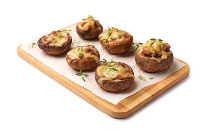 Photo of Delicious stuffed mushrooms with melted cheese and thyme isolated on white