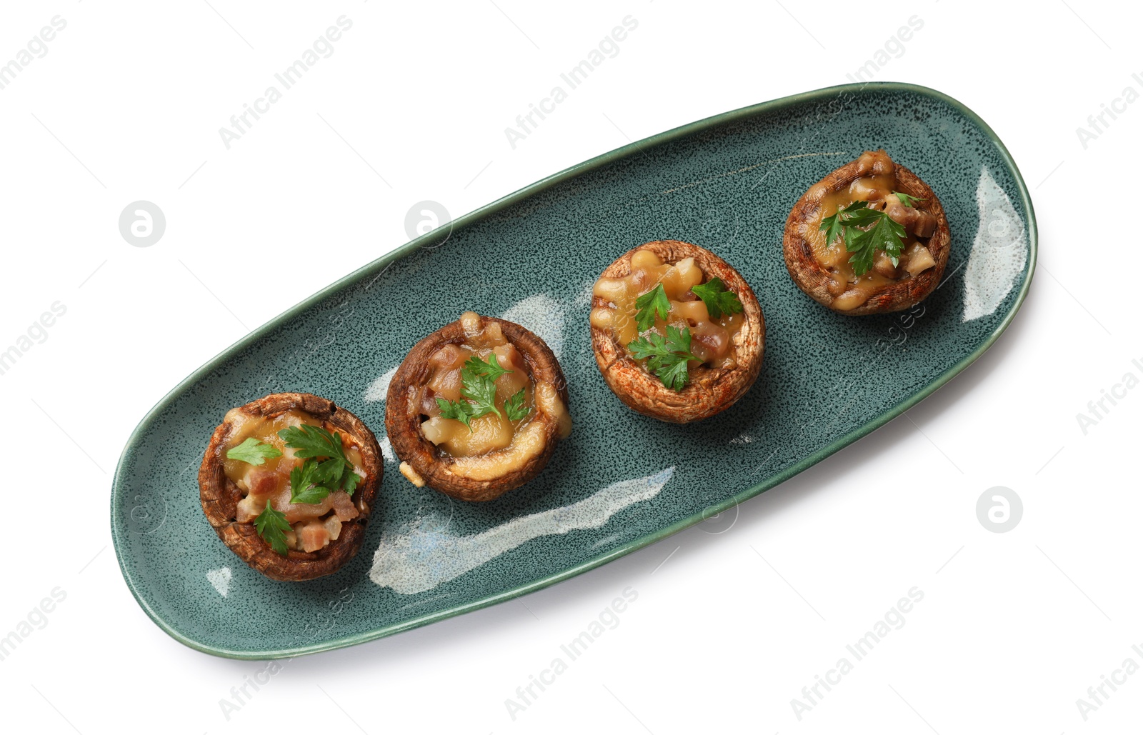 Delicious stuffed mushrooms with melted cheese and parsley isolated on white, top view Photo of Delicious stuffed mushrooms with melted cheese and parsley isolated on white, top view