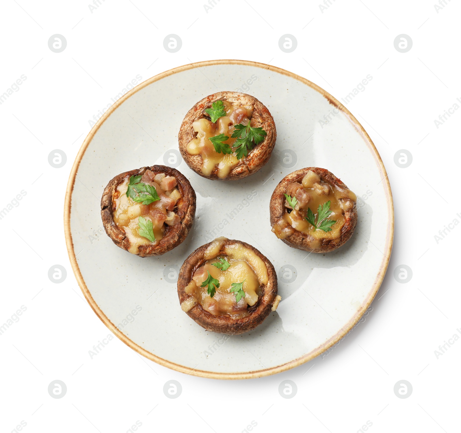 Photo of Delicious stuffed mushrooms with melted cheese and parsley isolated on white, top view