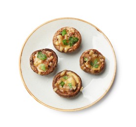 Photo of Delicious stuffed mushrooms with melted cheese and parsley isolated on white, top view