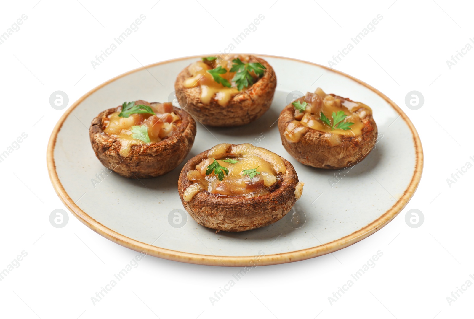 Delicious stuffed mushrooms with melted cheese and parsley isolated on white Photo of Delicious stuffed mushrooms with melted cheese and parsley isolated on white