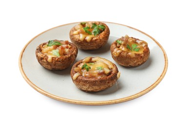 Photo of Delicious stuffed mushrooms with melted cheese and parsley isolated on white