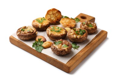 Photo of Delicious stuffed mushrooms with melted cheese, garlic and parsley isolated on white