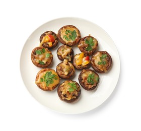 Photo of Tasty stuffed mushrooms isolated on white, top view