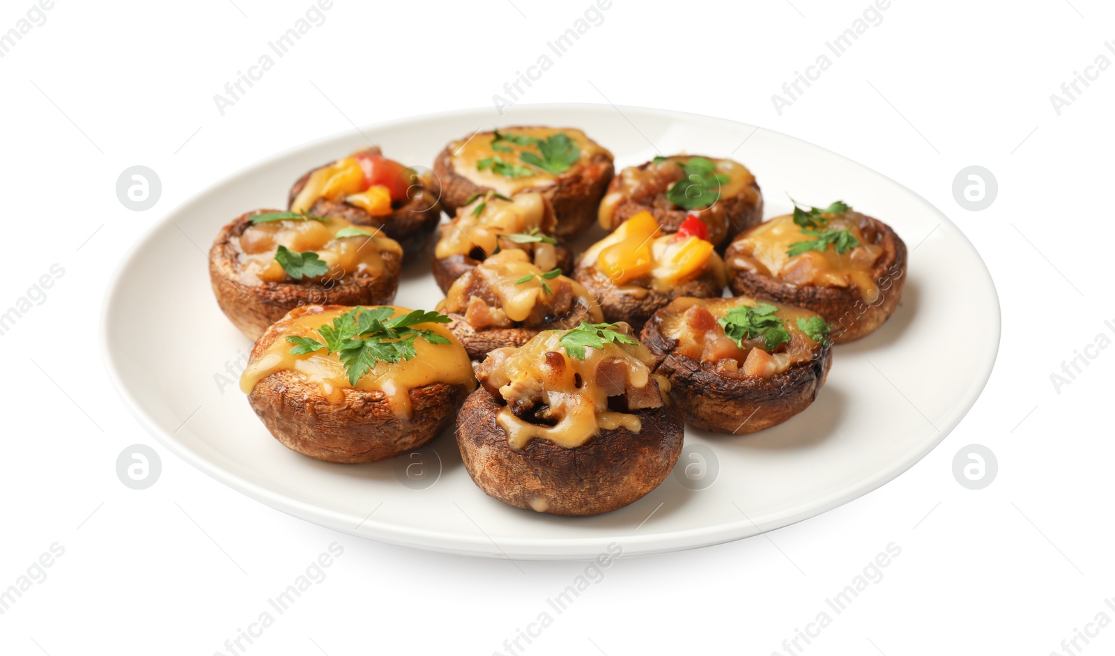 Many tasty stuffed mushrooms isolated on white Photo of Many tasty stuffed mushrooms isolated on white