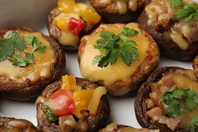 Photo of Tasty stuffed mushrooms in baking dish, closeup