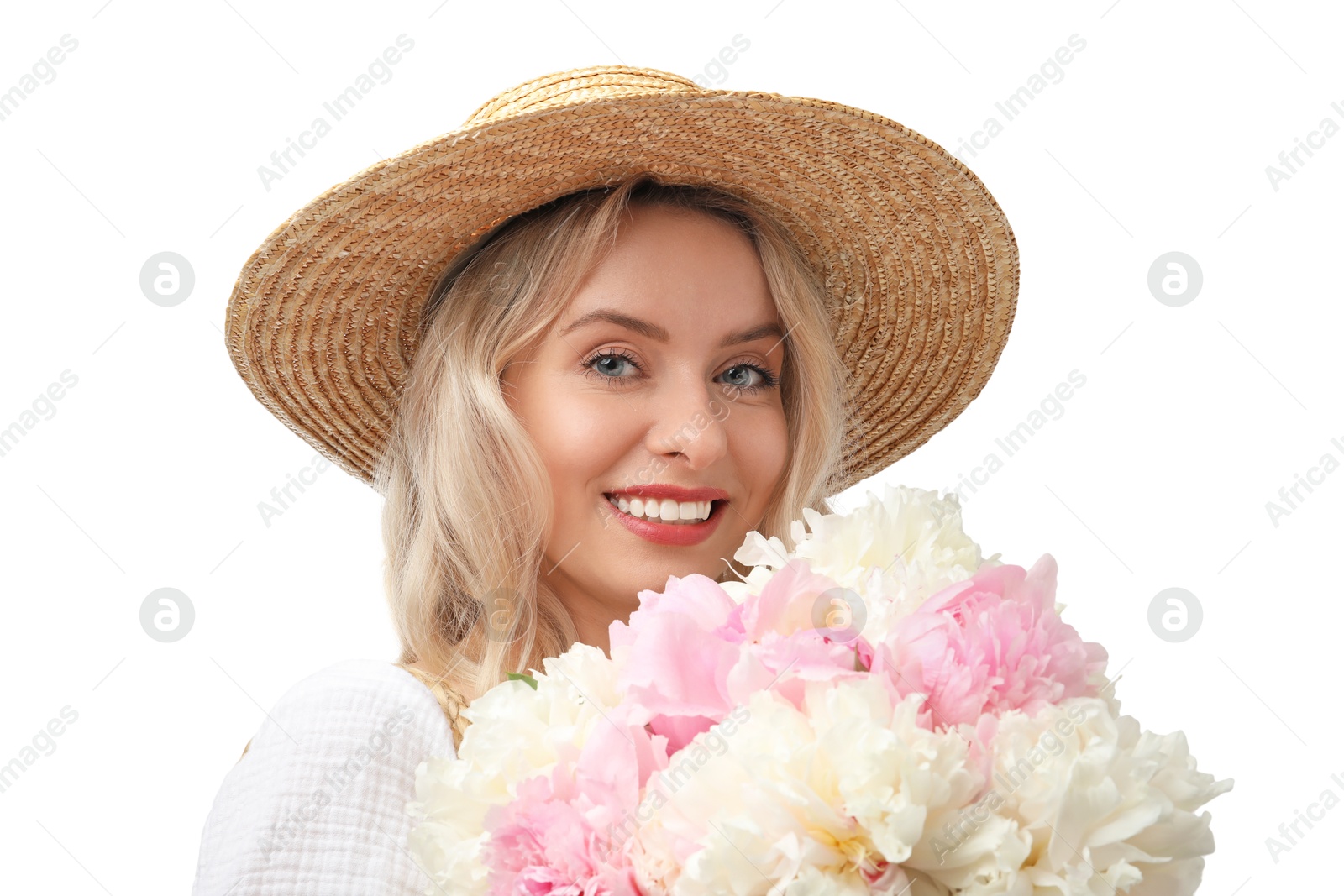 Photo of Happy woman with bouquet of beautiful peonies on white background