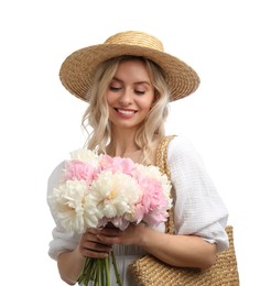 Photo of Happy woman with bouquet of beautiful peonies on white background