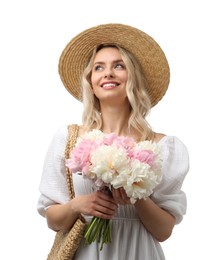 Photo of Happy woman with bouquet of beautiful peonies on white background