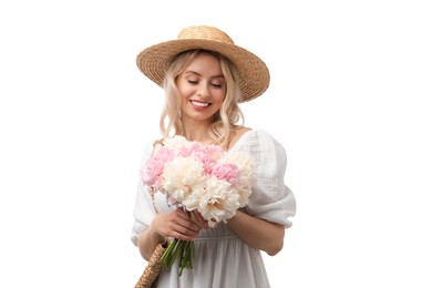 Photo of Happy woman with bouquet of beautiful peonies on white background