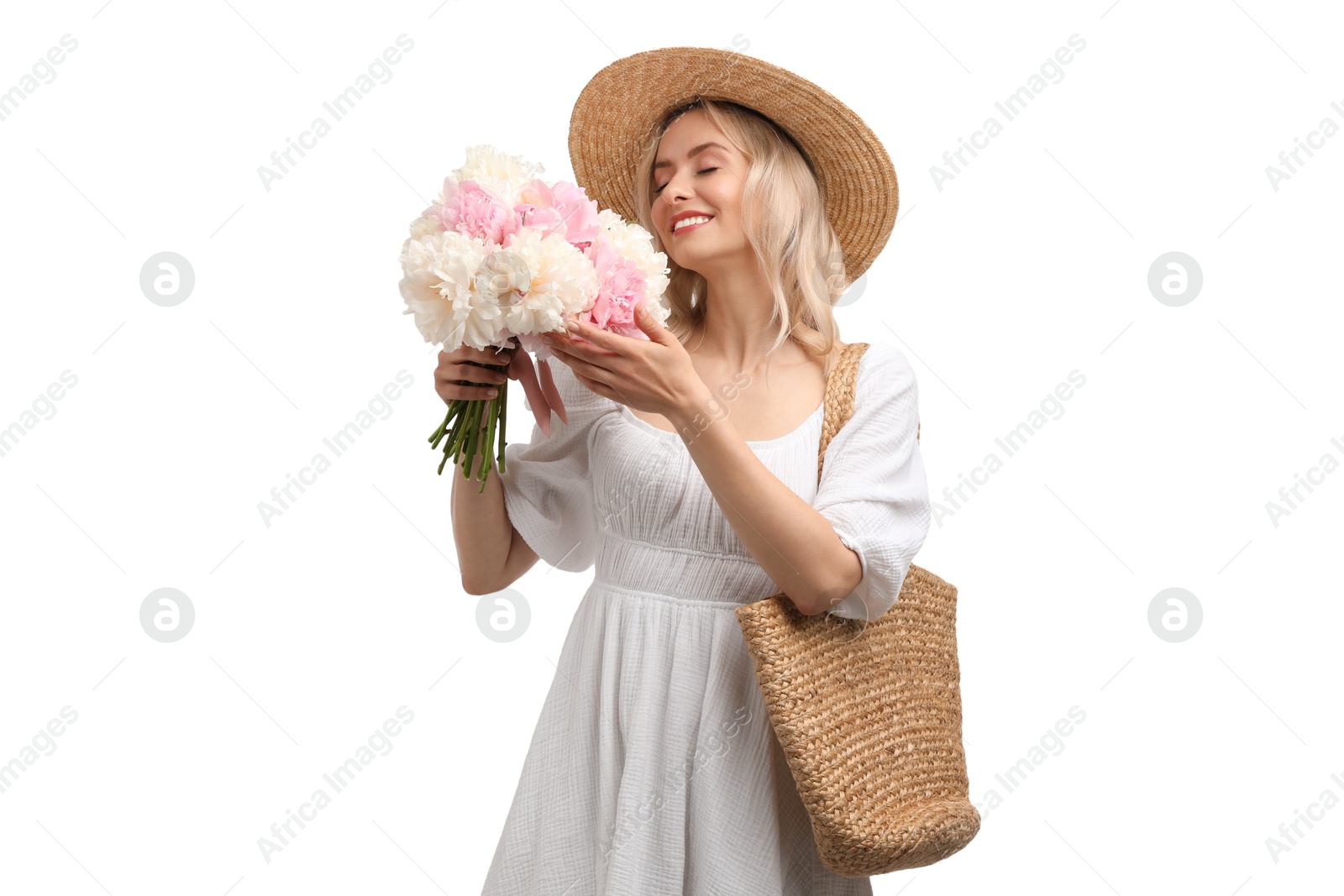 Photo of Happy woman with bouquet of beautiful peonies on white background