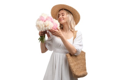 Photo of Happy woman with bouquet of beautiful peonies on white background