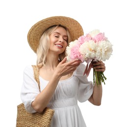 Photo of Happy woman with bouquet of beautiful peonies on white background