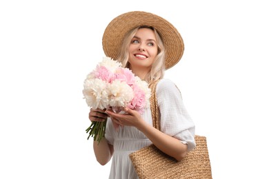 Photo of Happy woman with bouquet of beautiful peonies on white background