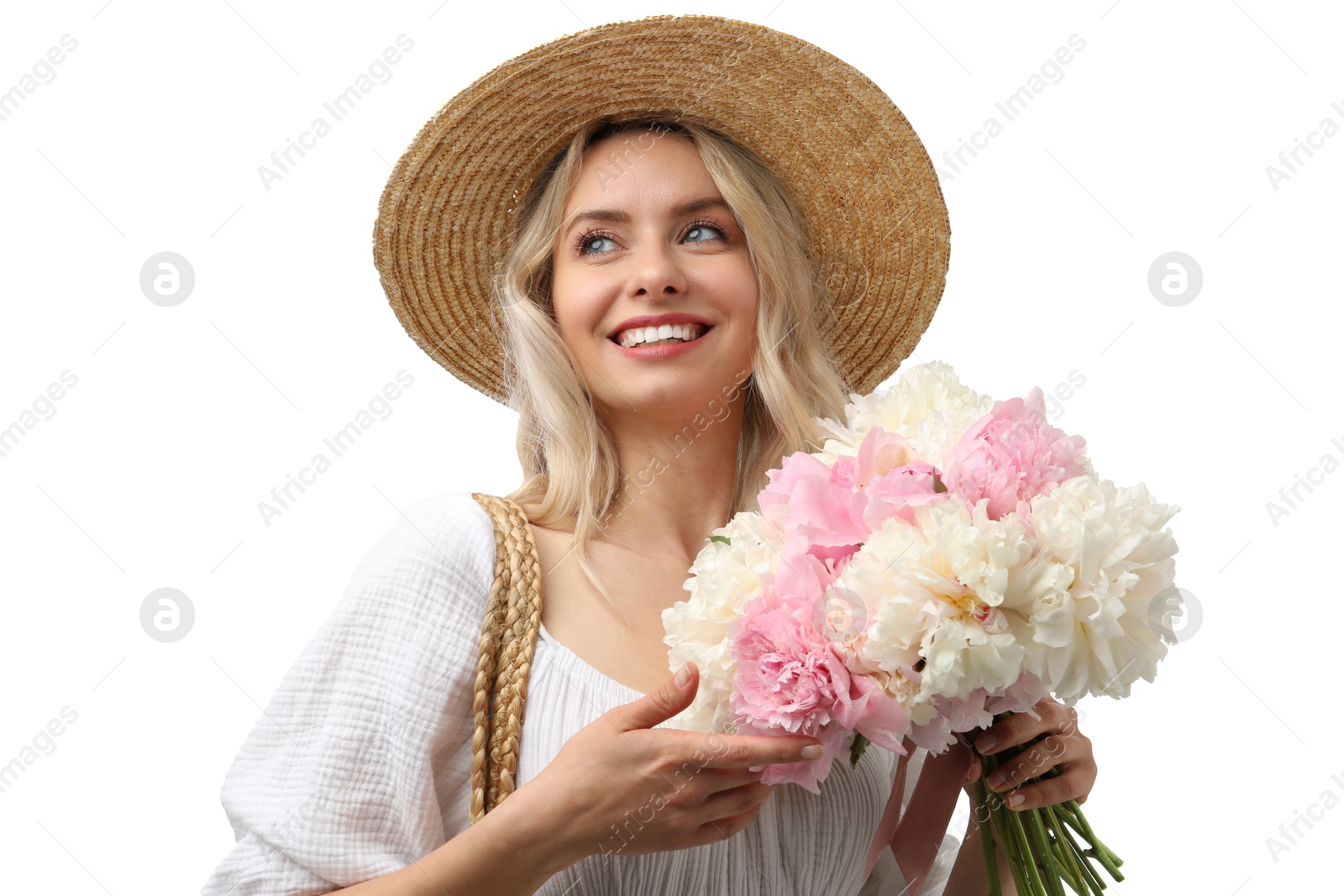 Photo of Happy woman with bouquet of beautiful peonies on white background
