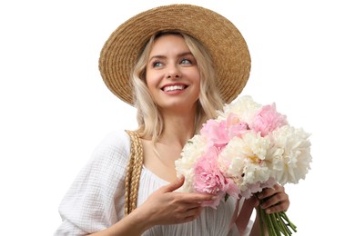 Photo of Happy woman with bouquet of beautiful peonies on white background