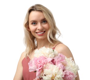 Photo of Happy woman with bouquet of beautiful peonies on white background