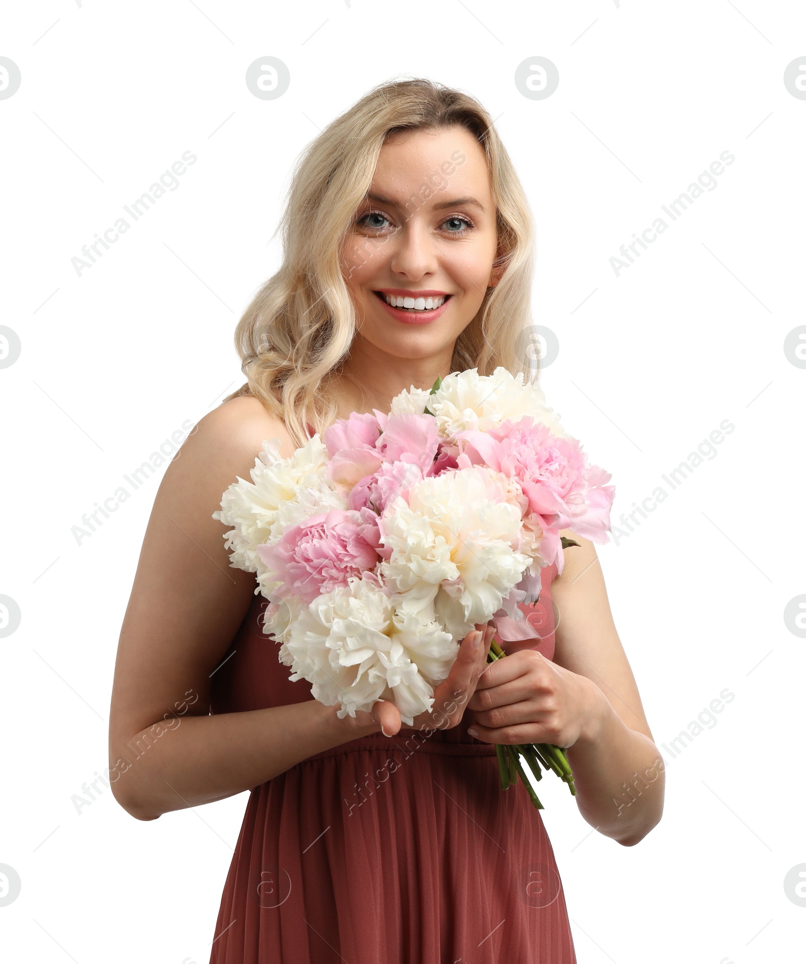 Photo of Happy woman with bouquet of beautiful peonies on white background