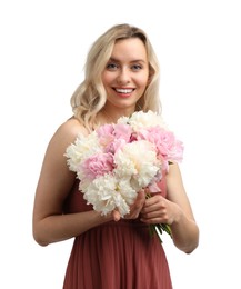 Photo of Happy woman with bouquet of beautiful peonies on white background