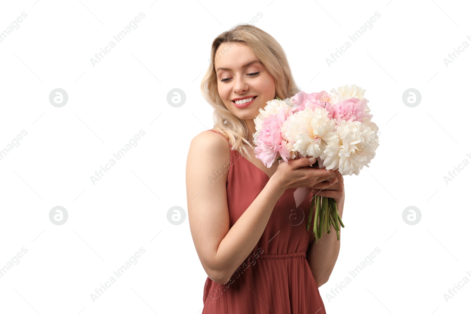 Photo of Happy woman with bouquet of beautiful peonies on white background