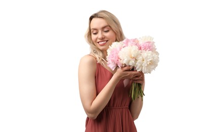 Photo of Happy woman with bouquet of beautiful peonies on white background