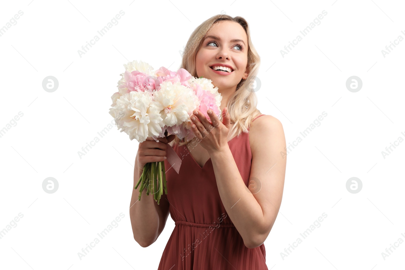 Photo of Happy woman with bouquet of beautiful peonies on white background