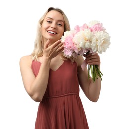 Photo of Happy woman with bouquet of beautiful peonies on white background