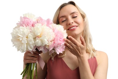 Photo of Happy woman with bouquet of beautiful peonies on white background