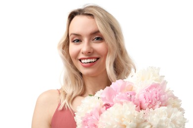 Photo of Happy woman with bouquet of beautiful peonies on white background