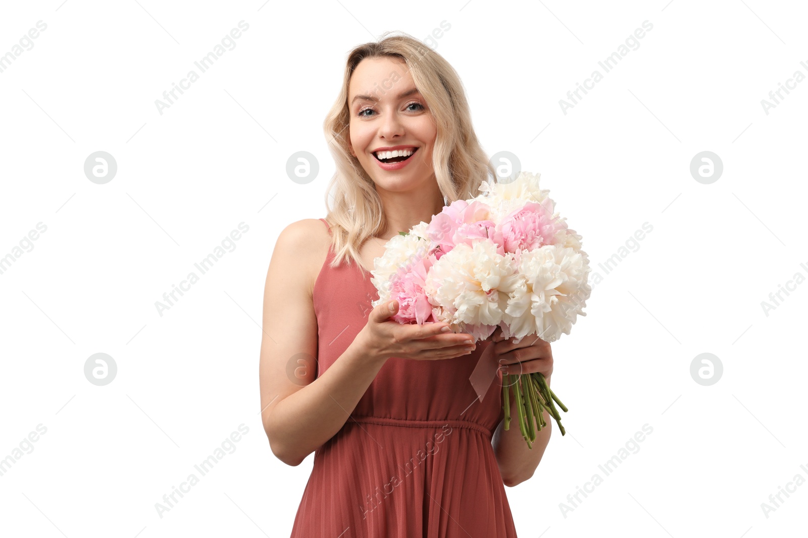 Photo of Happy woman with bouquet of beautiful peonies on white background