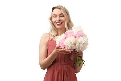 Photo of Happy woman with bouquet of beautiful peonies on white background