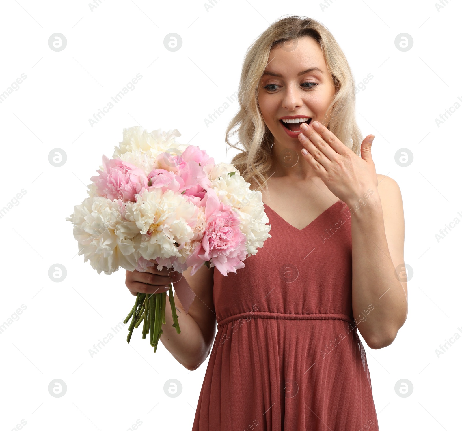 Photo of Happy woman with bouquet of beautiful peonies on white background