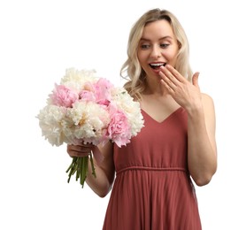 Photo of Happy woman with bouquet of beautiful peonies on white background