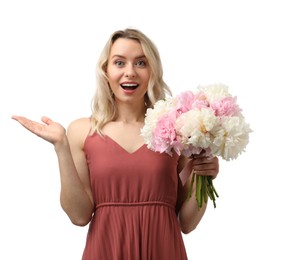 Photo of Happy woman with bouquet of beautiful peonies on white background