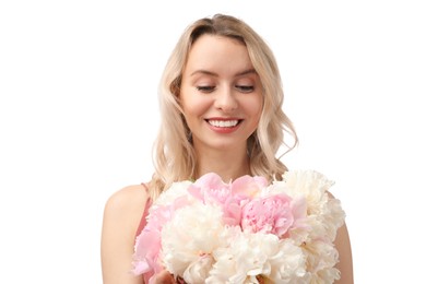 Photo of Happy woman with bouquet of beautiful peonies on white background