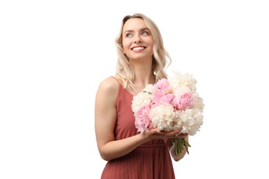 Photo of Happy woman with bouquet of beautiful peonies on white background