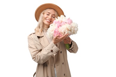 Photo of Happy woman with bouquet of beautiful peonies on white background