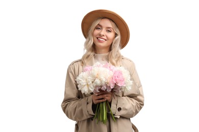 Photo of Happy woman with bouquet of beautiful peonies on white background