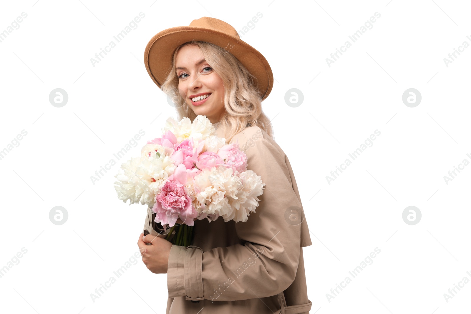 Photo of Happy woman with bouquet of beautiful peonies on white background