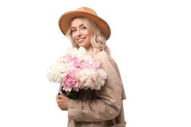 Photo of Happy woman with bouquet of beautiful peonies on white background