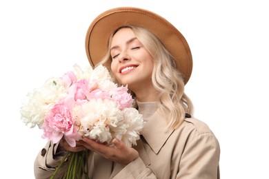 Photo of Happy woman with bouquet of beautiful peonies on white background