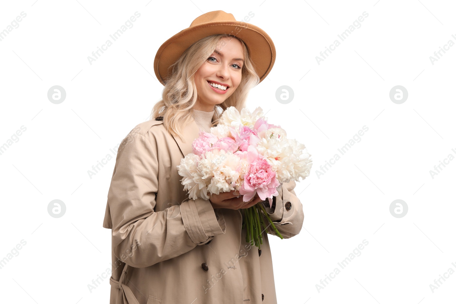 Photo of Happy woman with bouquet of beautiful peonies on white background